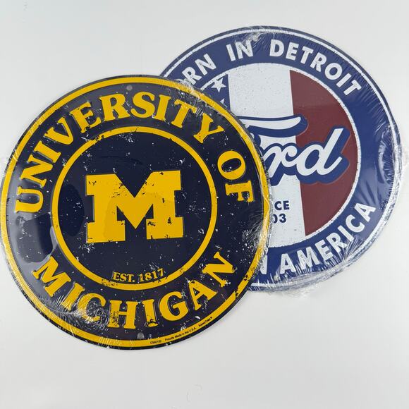 Ford Born in Detroit & University of Michigan Tin Signs Lot of 2 NEW SEALED 12" - Picture 1 of 7